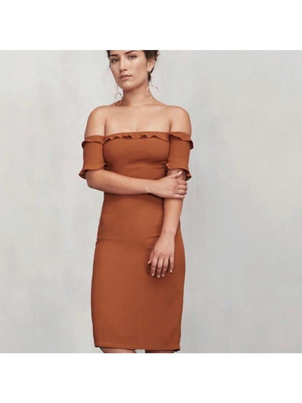 Reformation Burnt Antonia Orange Knee Length Dress Off-theShoulder size 2 Petite